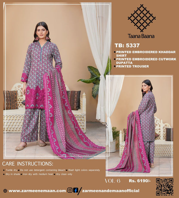 TAANA BAANA 3PC PRINTED EMBROIDERED KHADDAR SUITES