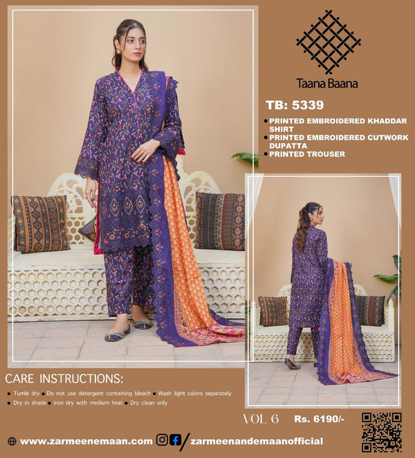 TAANA BAANA 3PC PRINTED EMBROIDERED KHADDAR SUITES