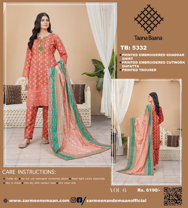 TAANA BAANA 3PC PRINTED EMBROIDERED KHADDAR SUITES