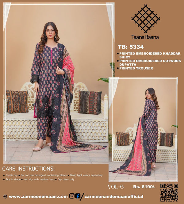 TAANA BAANA 3PC PRINTED EMBROIDERED KHADDAR SUITES