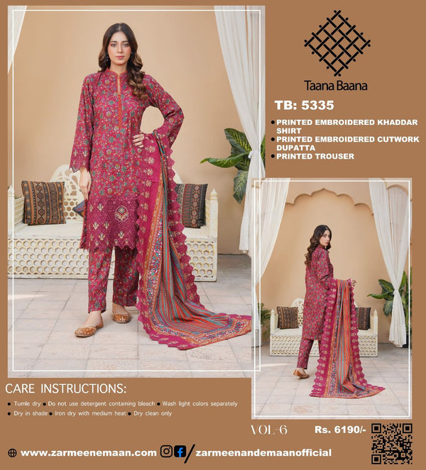 TAANA BAANA 3PC PRINTED EMBROIDERED KHADDAR SUITES