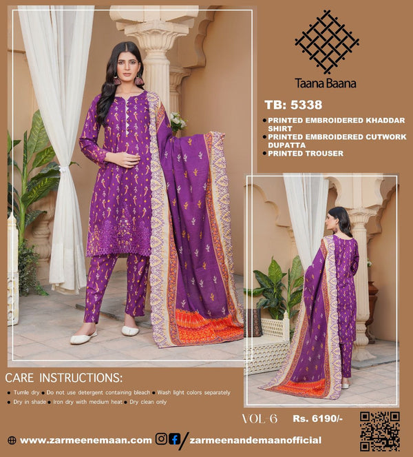 TAANA BAANA 3PC PRINTED EMBROIDERED KHADDAR SUITES