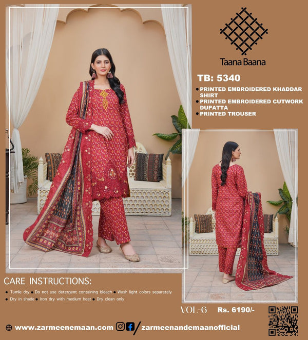 TAANA BAANA 3PC PRINTE EMBROIDERED KHADDAR SUITES