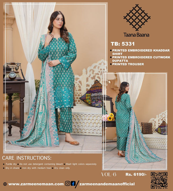 TAANA BAANA 3PC PRINTED EMBROIDERED KHADDAR SUITES